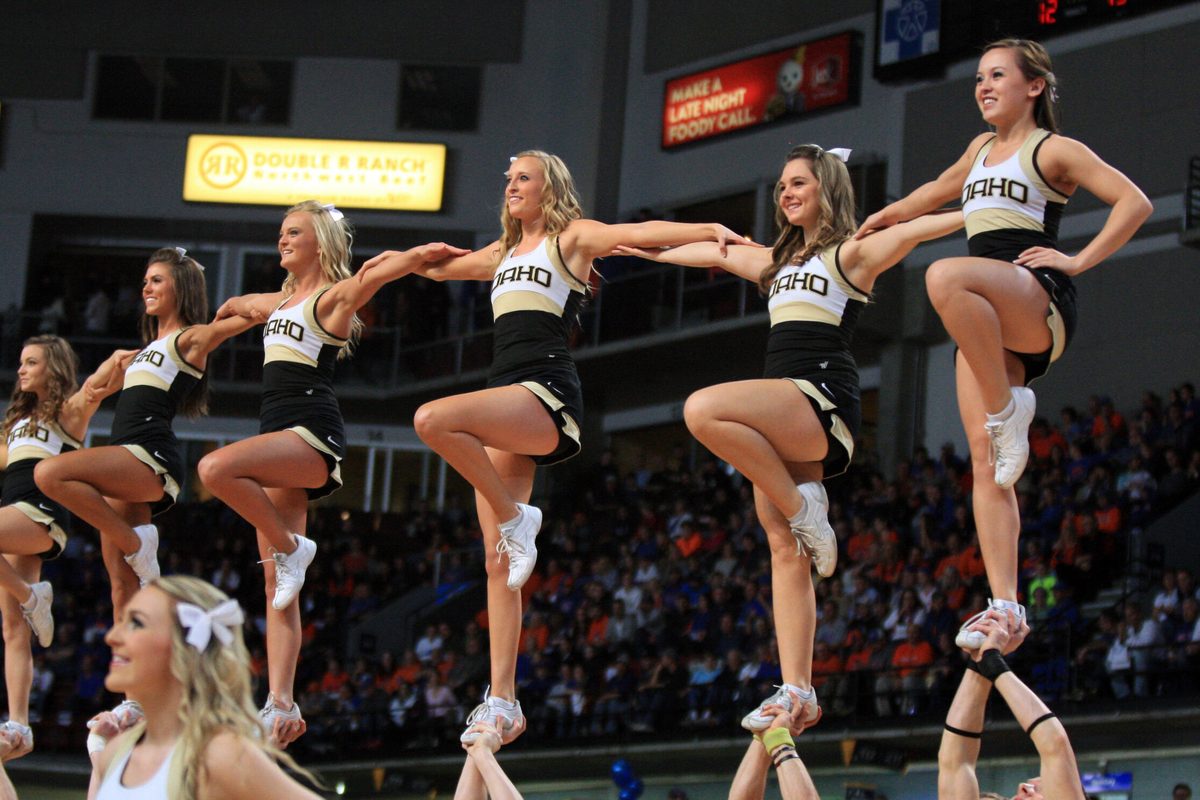 Nov 25, 2014; Boise, ID, USA; Idaho Vandals cheerleaders during the first half against the Boise State Broncos at Century Link Arena. Mandatory Credit: Brian Losness-Imagn Images