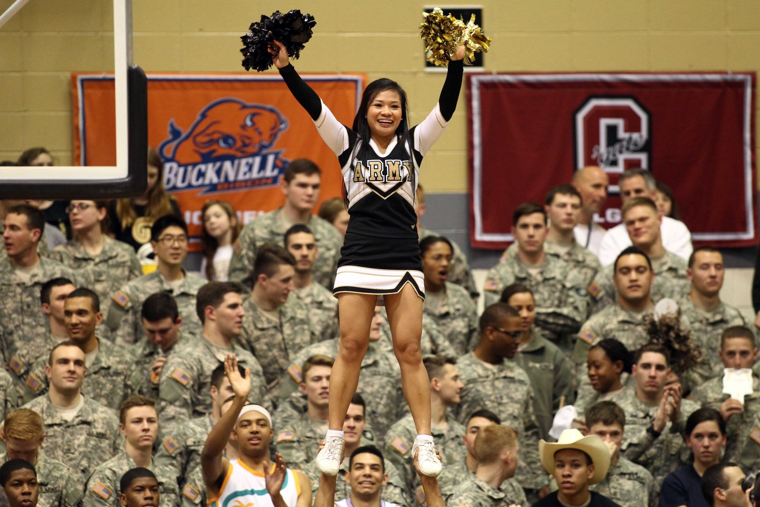 Jan 10, 2015; West Point, NY, USA; An Army Black Knights cheerleader performs during the second half against the Navy Midshipmen at Christl Arena. Mandatory Credit: Danny Wild-Imagn Images