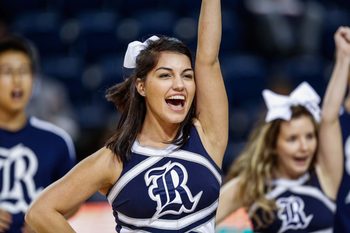 Jan 22, 2015; Houston, TX, USA; Rice Owls cheerleaders perform during the game against the Southern Miss Golden Eagles at Tudor Fieldhouse. Mandatory Credit: Troy Taormina-Imagn Images