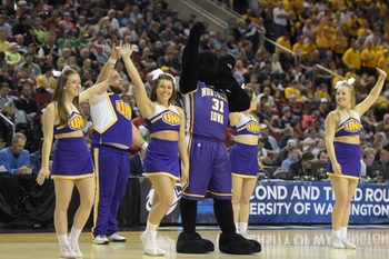 March 20, 2015; Seattle, WA, USA; Northern Iowa Panthers cheerleaders and mascot perform during the second half of the second round of the 2015 NCAA Tournament at KeyArena. Mandatory Credit: Kirby Lee-Imagn Images