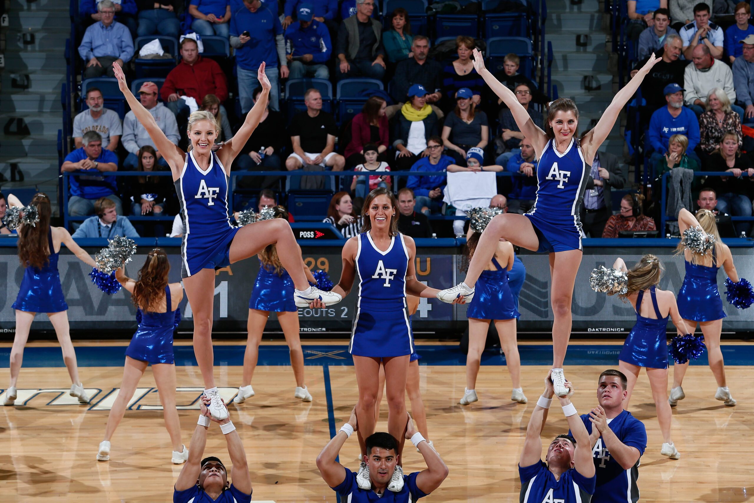 Jan 20, 2016; Colorado Springs, CO, USA; Air Force Falcons cheerleaders perform in the second half against the Air Force Falcons at Clune Arena. Mandatory Credit: Isaiah J. Downing-Imagn Images