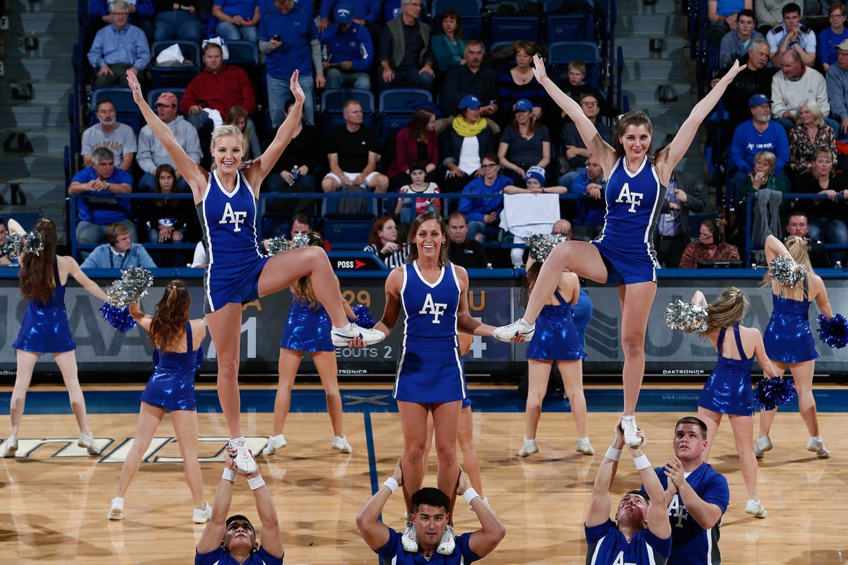 Jan 20, 2016; Colorado Springs, CO, USA; Air Force Falcons cheerleaders perform in the second half against the Air Force Falcons at Clune Arena. Mandatory Credit: Isaiah J. Downing-Imagn Images