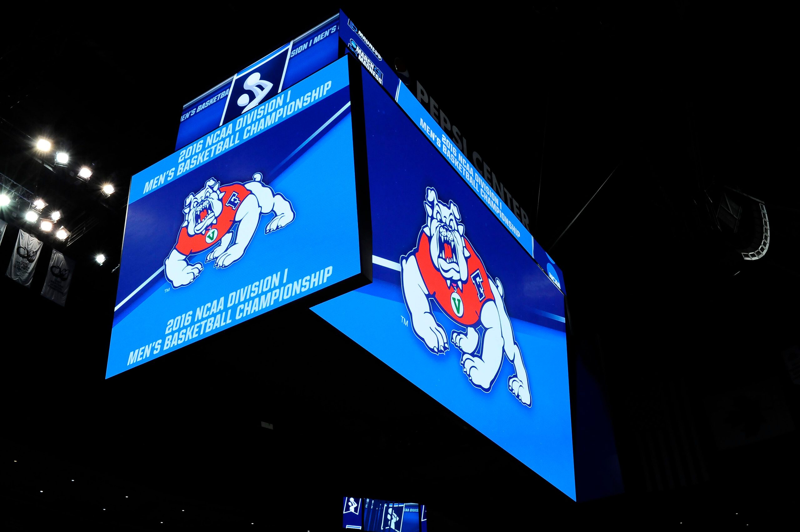 Mar 16, 2016; Denver, CO, USA; General view of the Fresno State Bulldogs mascot projected on the video board at the Pepsi Center during a practice day before the first round of the NCAA men's college basketball tournament. Mandatory Credit: Ron Chenoy-Imagn Images