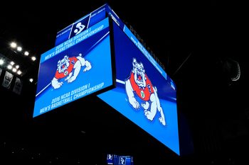 Mar 16, 2016; Denver, CO, USA; General view of the Fresno State Bulldogs mascot projected on the video board at the Pepsi Center during a practice day before the first round of the NCAA men's college basketball tournament. Mandatory Credit: Ron Chenoy-Imagn Images