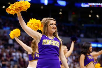Mar 20, 2016; Oklahoma City, OK, USA; A Northern Iowa Panthers cheerleader performs in the first half against the Texas A&M Aggies during the second round of the 2016 NCAA Tournament at Chesapeake Energy Arena. Mandatory Credit: Kevin Jairaj-Imagn Images