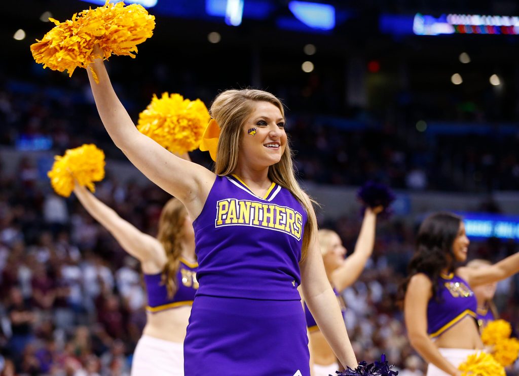 Mar 20, 2016; Oklahoma City, OK, USA; A Northern Iowa Panthers cheerleader performs in the first half against the Texas A&M Aggies during the second round of the 2016 NCAA Tournament at Chesapeake Energy Arena. Mandatory Credit: Kevin Jairaj-Imagn Images