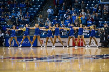 Dec 31, 2016; Tulsa, OK, USA;  Tulsa Golden Hurricane cheerleaders perform during a timeout in the game against the Connecticut Huskies in overtime of the game at Donald Reynolds Center. TU won 61-59. Mandatory Credit: Brett Rojo-Imagn Images