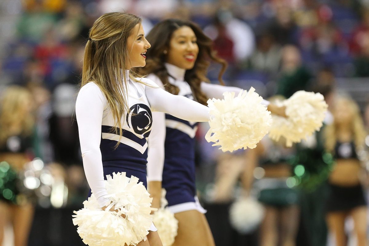 Mar 9, 2017; Washington, DC, USA; Penn State Nittany Lions cheerleaders cheer on the court during a timeout against the Michigan State Spartans Lamar Stevens (11) in the second half during the Big Ten Conference Tournament at Verizon Center. The Spartans won 78-51. Mandatory Credit: Geoff Burke-Imagn Images