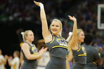 Mar 17, 2017; Sacramento, CA, USA; Kent State Golden Flashes cheerleaders perform on the court prior to the first round of the 2017 NCAA Tournament against the UCLA Bruins at Golden 1 Center. Mandatory Credit: Kelley L Cox-Imagn Images