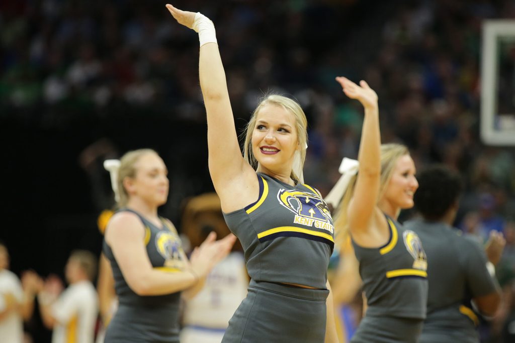 Mar 17, 2017; Sacramento, CA, USA; Kent State Golden Flashes cheerleaders perform on the court prior to the first round of the 2017 NCAA Tournament against the UCLA Bruins at Golden 1 Center. Mandatory Credit: Kelley L Cox-Imagn Images