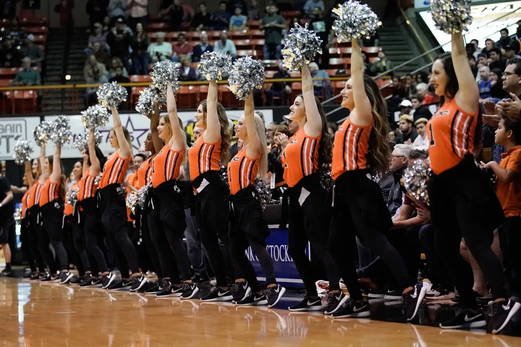 Feb 8, 2018; Stockton, CA, USA; Pacific Tigers cheerleaders perform before a game against the Gonzaga Bulldogs at Alex G. Spanos Center. Mandatory Credit: Stan Szeto-Imagn Images