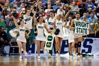 Mar 15, 2018; Dallas, TX, USA; Wright State Raiders cheerleaders perform during the second half against the Tennessee Volunteers in the first round of the 2018 NCAA Tournament at American Airlines Center. Mandatory Credit: Matthew Emmons-Imagn Images