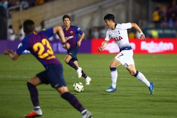 Jul 28, 2018; Pasadena, CA, USA; Tottenham Hotspur forward Son Heung-Min against FC Barcelona during an International Champions Cup soccer match at Rose Bowl. Mandatory Credit: Mark J. Rebilas-Imagn Images