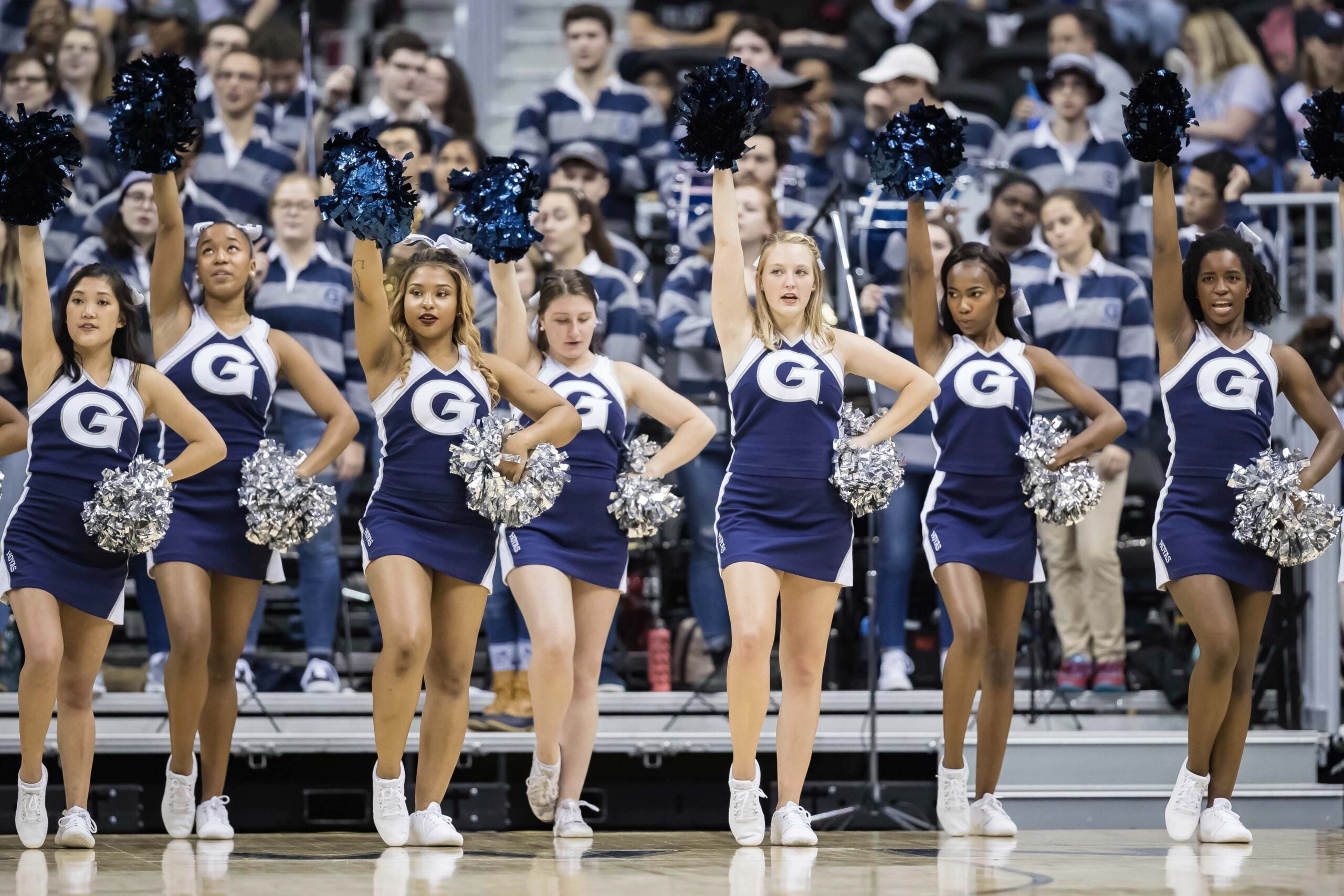 Nov 6, 2018; Washington, DC, USA; Georgetown Hoyas cheerleaders perform during the first half of the game against the Maryland-Eastern Shore Hawks at Capital One Arena. Mandatory Credit: Scott Taetsch-Imagn Images