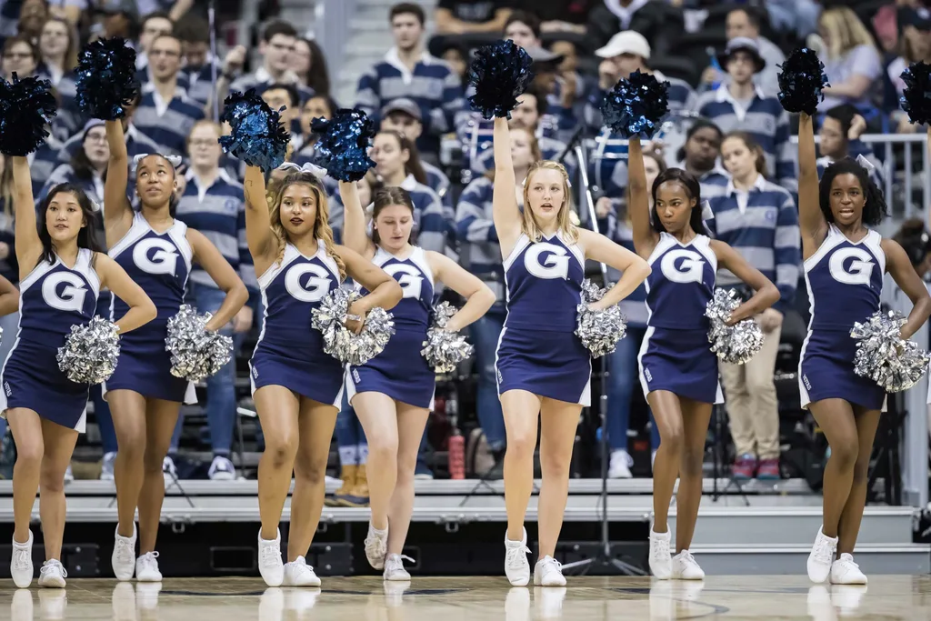 Nov 6, 2018; Washington, DC, USA; Georgetown Hoyas cheerleaders perform during the first half of the game against the Maryland-Eastern Shore Hawks at Capital One Arena. Mandatory Credit: Scott Taetsch-Imagn Images