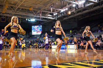 Feb 27, 2019; Greenville, NC, USA; East Carolina Pirates cheerleaders during the game against the Houston Cougars at Minges Coliseum. The Houston Cougars defeated the East Carolina Pirates 99-65. Mandatory Credit: James Guillory-Imagn Images
