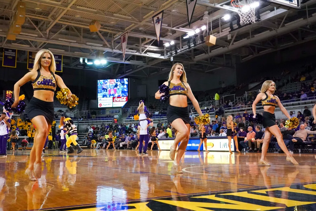 Feb 27, 2019; Greenville, NC, USA; East Carolina Pirates cheerleaders during the game against the Houston Cougars at Minges Coliseum. The Houston Cougars defeated the East Carolina Pirates 99-65. Mandatory Credit: James Guillory-Imagn Images
