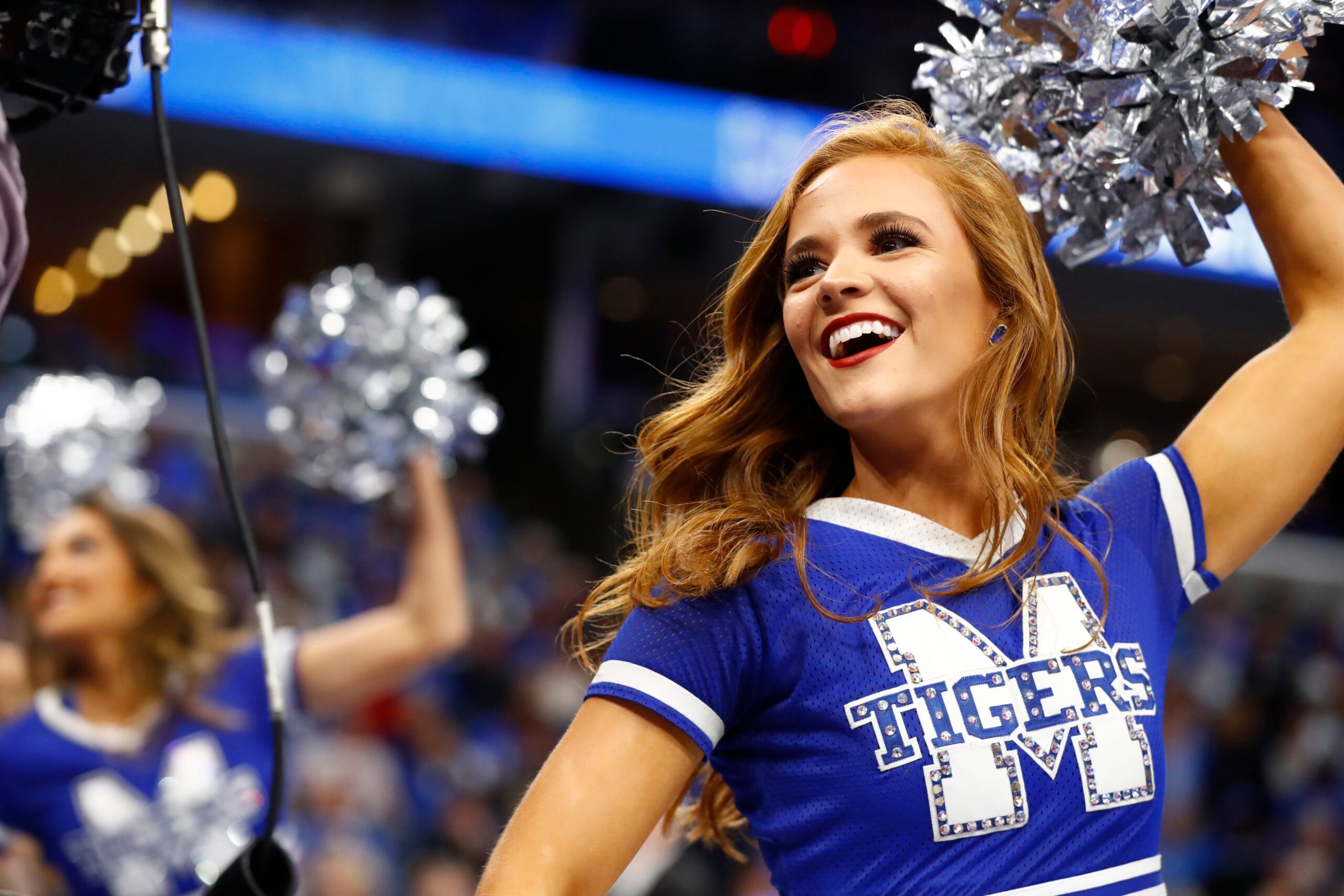 Memphis Tigers cheerleaders dance along the baseline during a timeout in their game against the South Carolina State Bulldogs at the FedExForum on Tuesday, Nov. 5, 2019.

W 29571