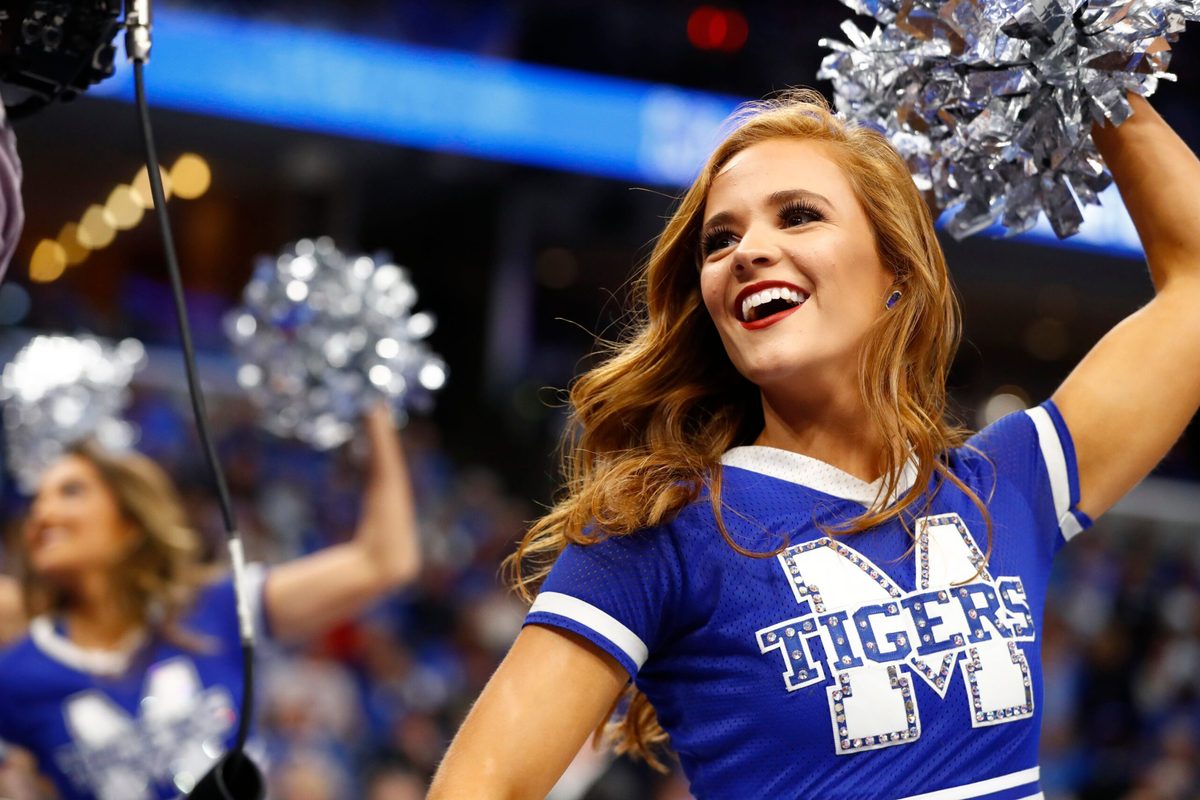 Memphis Tigers cheerleaders dance along the baseline during a timeout in their game against the South Carolina State Bulldogs at the FedExForum on Tuesday, Nov. 5, 2019.

W 29571