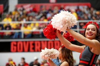 Austin Peay cheerleaders cheer and look back to the crowd during an OVC conference basketball game between the Austin Peay Governors and Murray State Racers at the APSU Dunn Center in Clarksville, Tenn., on Thursday, Feb. 13, 2020.

Hpt Austin Peay Murray State Basketball 37