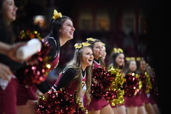 Feb 26, 2020; Chestnut Hill, Massachusetts, USA; Boston College Eagles cheerleaders during the first half of the game against Notre Dame Fighting Irish at Conte Forum. Mandatory Credit: Adam Richins-Imagn Images