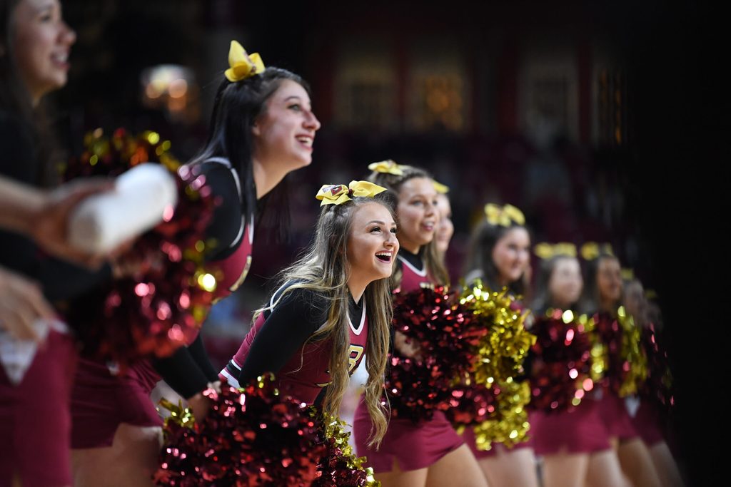 Feb 26, 2020; Chestnut Hill, Massachusetts, USA; Boston College Eagles cheerleaders during the first half of the game against Notre Dame Fighting Irish at Conte Forum. Mandatory Credit: Adam Richins-Imagn Images