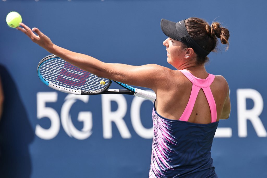 Aug 11, 2021; Montreal, Quebec, Canada; Oceane Dodin from France serves against Amanda Anisimova from USA (not pictured) during the second round play at Stade IGA. Mandatory Credit: Jean-Yves Ahern-Imagn Images