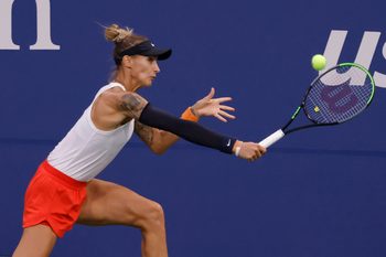 Aug 31, 2021; Flushing, NY, USA; Polona Hercog of Slovenia hits a backhand against Petra Kvitova of Czech Republic (not pictured) on day two of the 2021 U.S. Open tennis tournament at USTA Billie King National Tennis Center. Mandatory Credit: Geoff Burke-Imagn Images