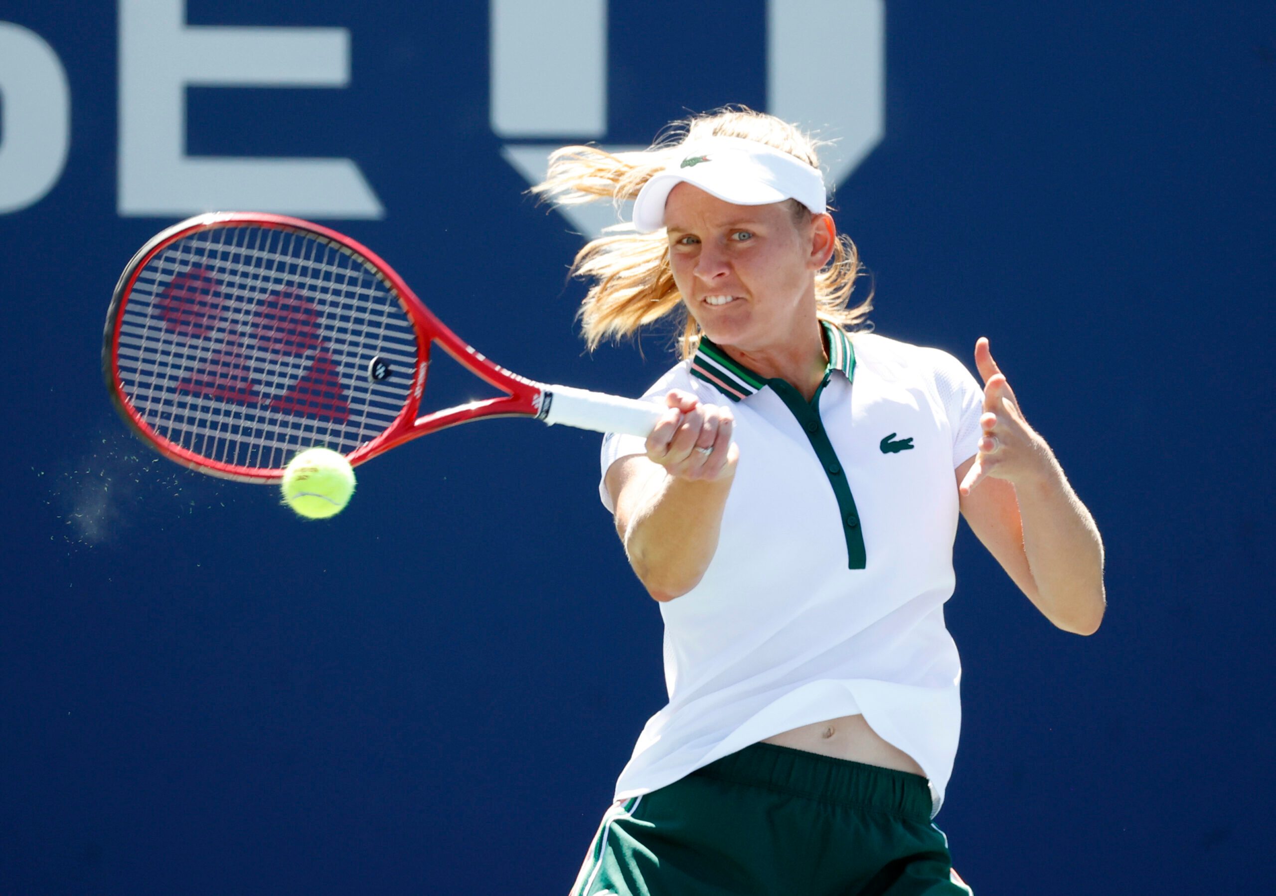 Sep 2, 2021; Flushing, NY, USA; Fiona Ferro of France hits a shot against Iga Swiatek of Poland in a second round match on day four of the 2021 U.S. Open tennis tournament at USTA Billie Jean King National Tennis Center. Mandatory Credit: Jerry Lai-Imagn Images