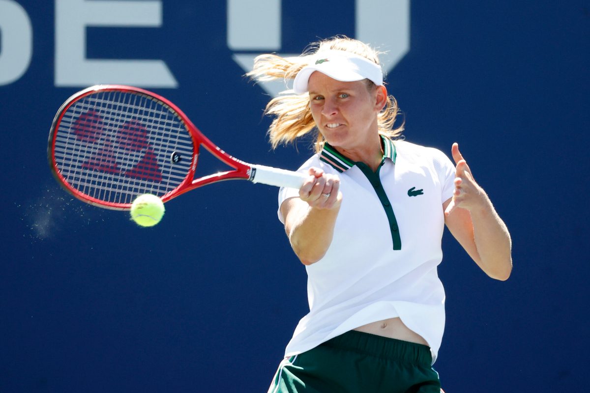 Sep 2, 2021; Flushing, NY, USA; Fiona Ferro of France hits a shot against Iga Swiatek of Poland in a second round match on day four of the 2021 U.S. Open tennis tournament at USTA Billie Jean King National Tennis Center. Mandatory Credit: Jerry Lai-Imagn Images