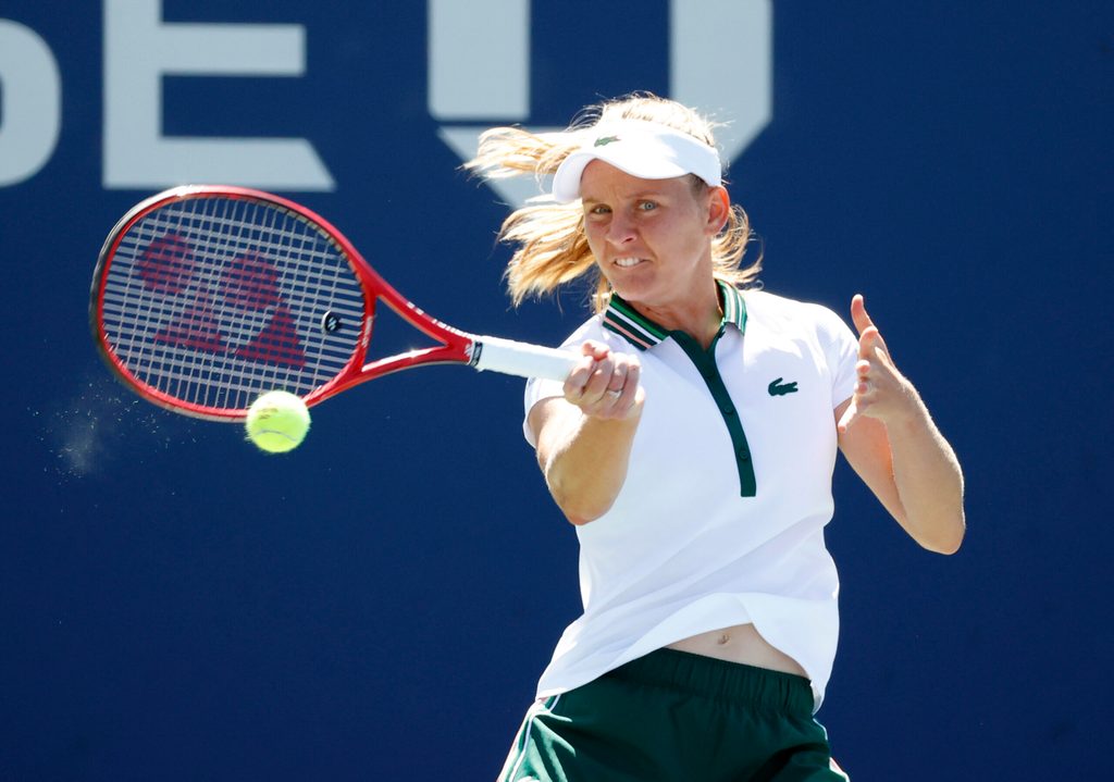 Sep 2, 2021; Flushing, NY, USA; Fiona Ferro of France hits a shot against Iga Swiatek of Poland in a second round match on day four of the 2021 U.S. Open tennis tournament at USTA Billie Jean King National Tennis Center. Mandatory Credit: Jerry Lai-Imagn Images