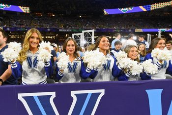 Apr 2, 2022; New Orleans, LA, USA; The Villanova Wildcats cheerleaders before the game against the Kansas Jayhawks during the 2022 NCAA men's basketball tournament Final Four semifinals at Caesars Superdome. Mandatory Credit: Bob Donnan-Imagn Images