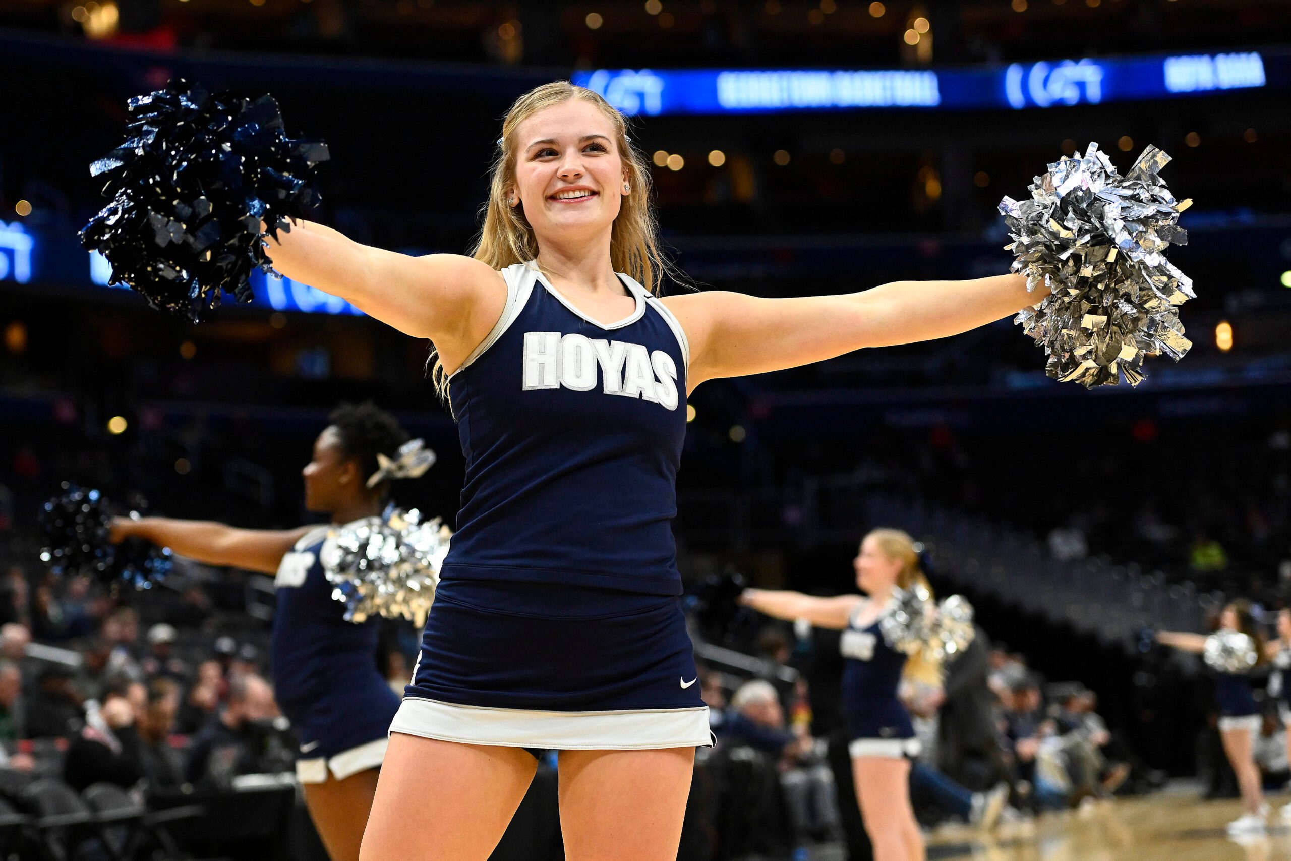 Dec 16, 2022; Washington, District of Columbia, USA; Georgetown Hoyas cheerleader on the court against the Xavier Musketeers during the first half at Capital One Arena. Mandatory Credit: Brad Mills-Imagn Images
