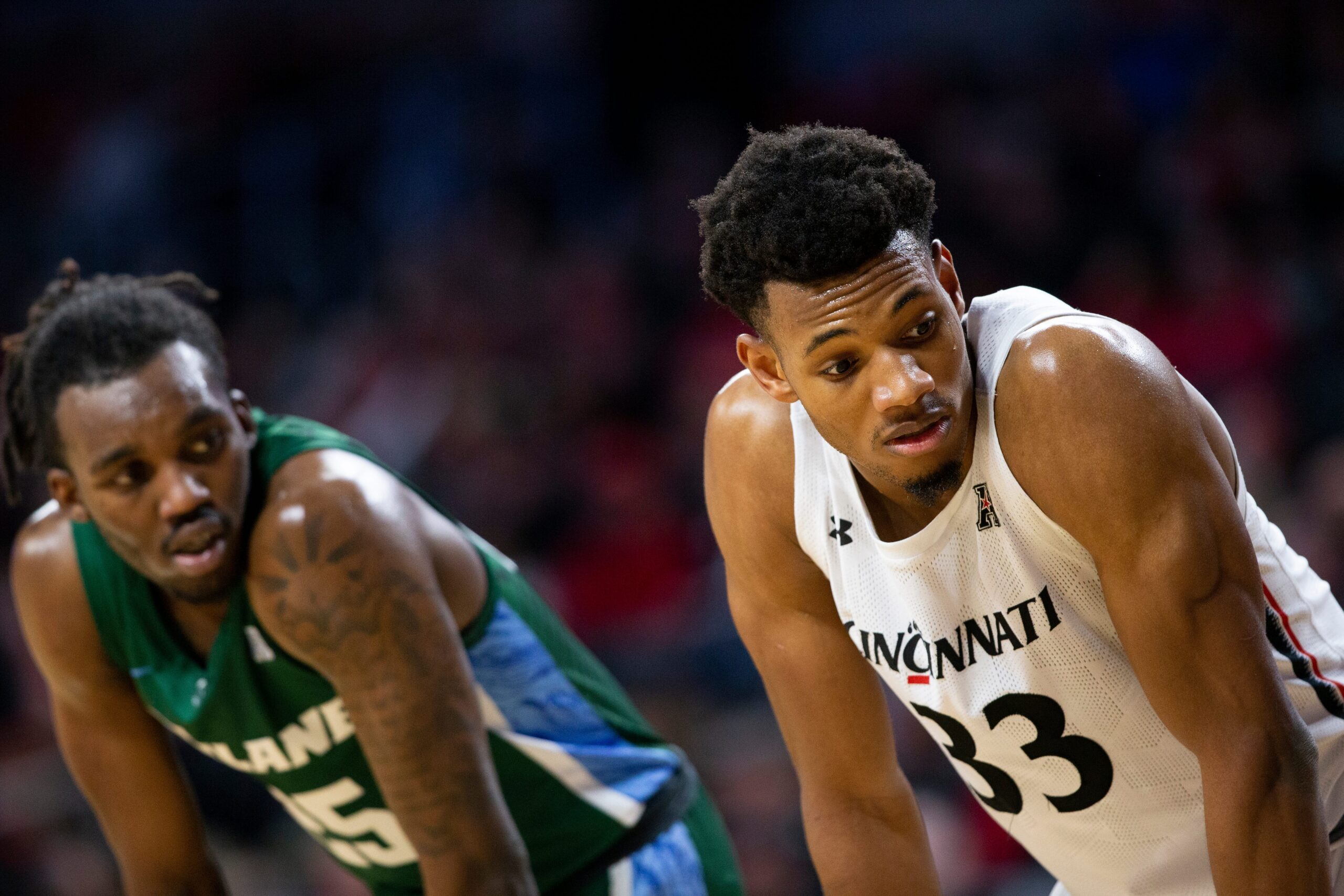 Cincinnati Bearcats forward Ody Oguama (33) watches a free throw during the first half of an NCAA men   s college basketball game on Thursday, Dec. 29, 2022, at Fifth Third Arena in Cincinnati. The Bearcats defeated the Green Wave 88-77 with a crowd of 9,484.

Tulane Green Wave At Cincinnati Bearcats Ncaa Basketball Dec 29