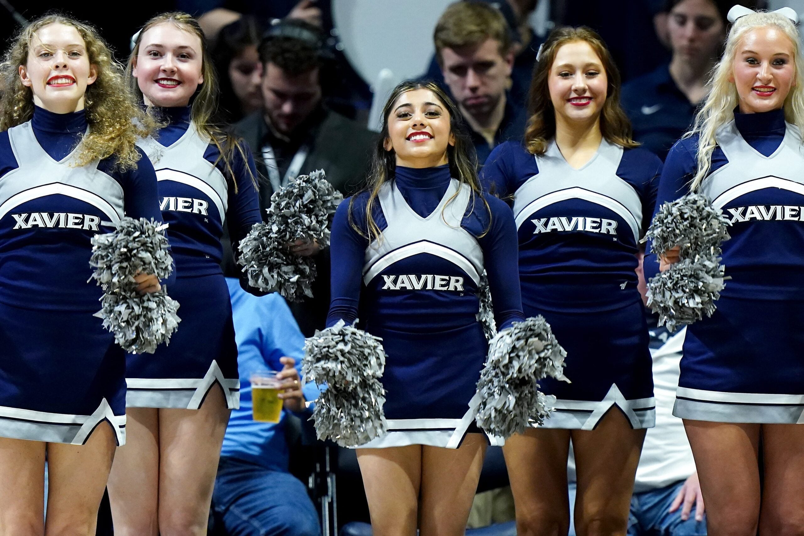 The Xavier Musketeers cheerleaders perform in the second half of a college basketball game against the Creighton Bluejays, Wednesday, Jan. 11, 2023, at Cintas Center in Cincinnati. The Xavier Musketeers won, 90-87.

Creighton Bluejays At Xavier Musketeers Jan 11 0306