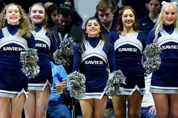 The Xavier Musketeers cheerleaders perform in the second half of a college basketball game against the Creighton Bluejays, Wednesday, Jan. 11, 2023, at Cintas Center in Cincinnati. The Xavier Musketeers won, 90-87.

Creighton Bluejays At Xavier Musketeers Jan 11 0306