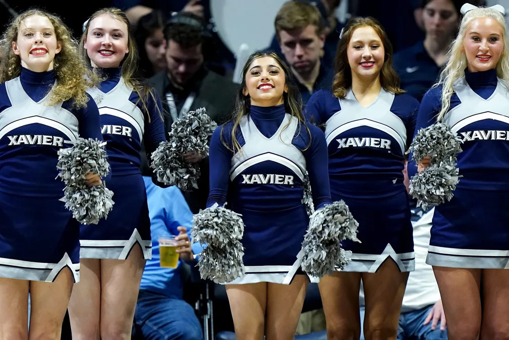 The Xavier Musketeers cheerleaders perform in the second half of a college basketball game against the Creighton Bluejays, Wednesday, Jan. 11, 2023, at Cintas Center in Cincinnati. The Xavier Musketeers won, 90-87.
Creighton Bluejays At Xavier Musketeers Jan 11 0306