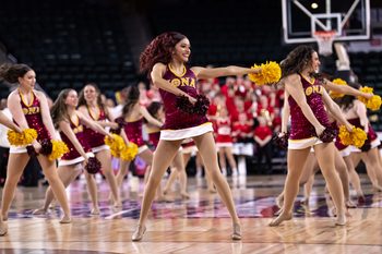 Mar 11, 2023; Atlantic City, NJ, USA; Iona Gaels cheerleaders perform during the first half against the Marist Red Foxes at Jim Whelan Boardwalk Hall. Mandatory Credit: John Jones-Imagn Images