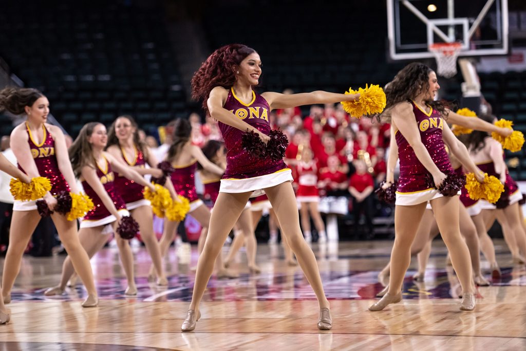 Mar 11, 2023; Atlantic City, NJ, USA; Iona Gaels cheerleaders perform during the first half against the Marist Red Foxes at Jim Whelan Boardwalk Hall. Mandatory Credit: John Jones-Imagn Images