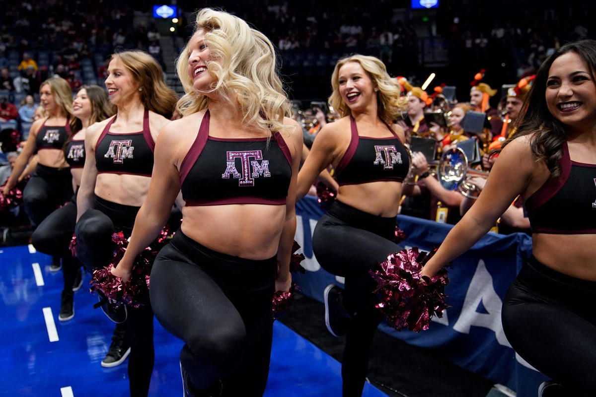 Texas A&M cheerleaders do a routine before the championship SEC Men   s Basketball Tournament game at Bridgestone Arena Sunday, March 12, 2023, in Nashville, Tenn.

Sec Basketball Alabama Vs Texas A M