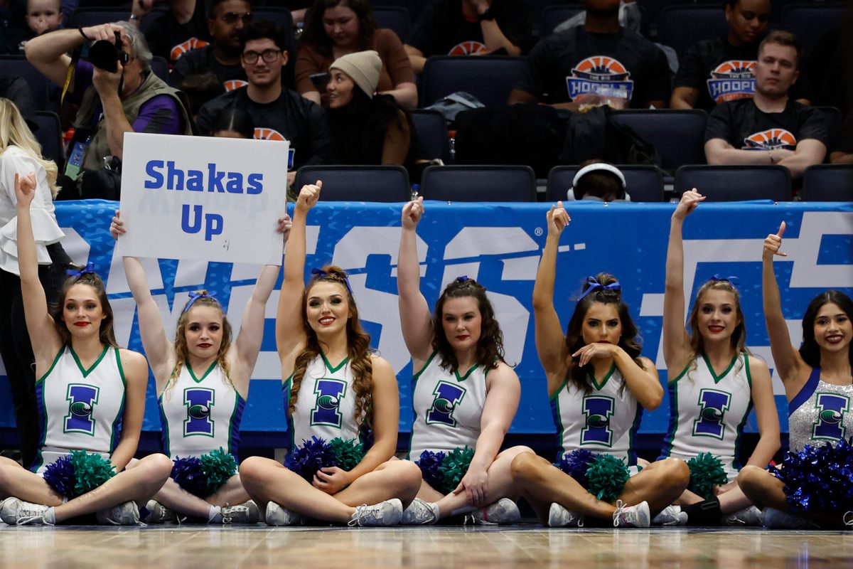 Mar 14, 2023; Dayton, OH, USA; Texas A&M-CC Islanders cheerleaders in the first half against the Southeast Missouri State Redhawks at UD Arena. Mandatory Credit: Rick Osentoski-Imagn Images