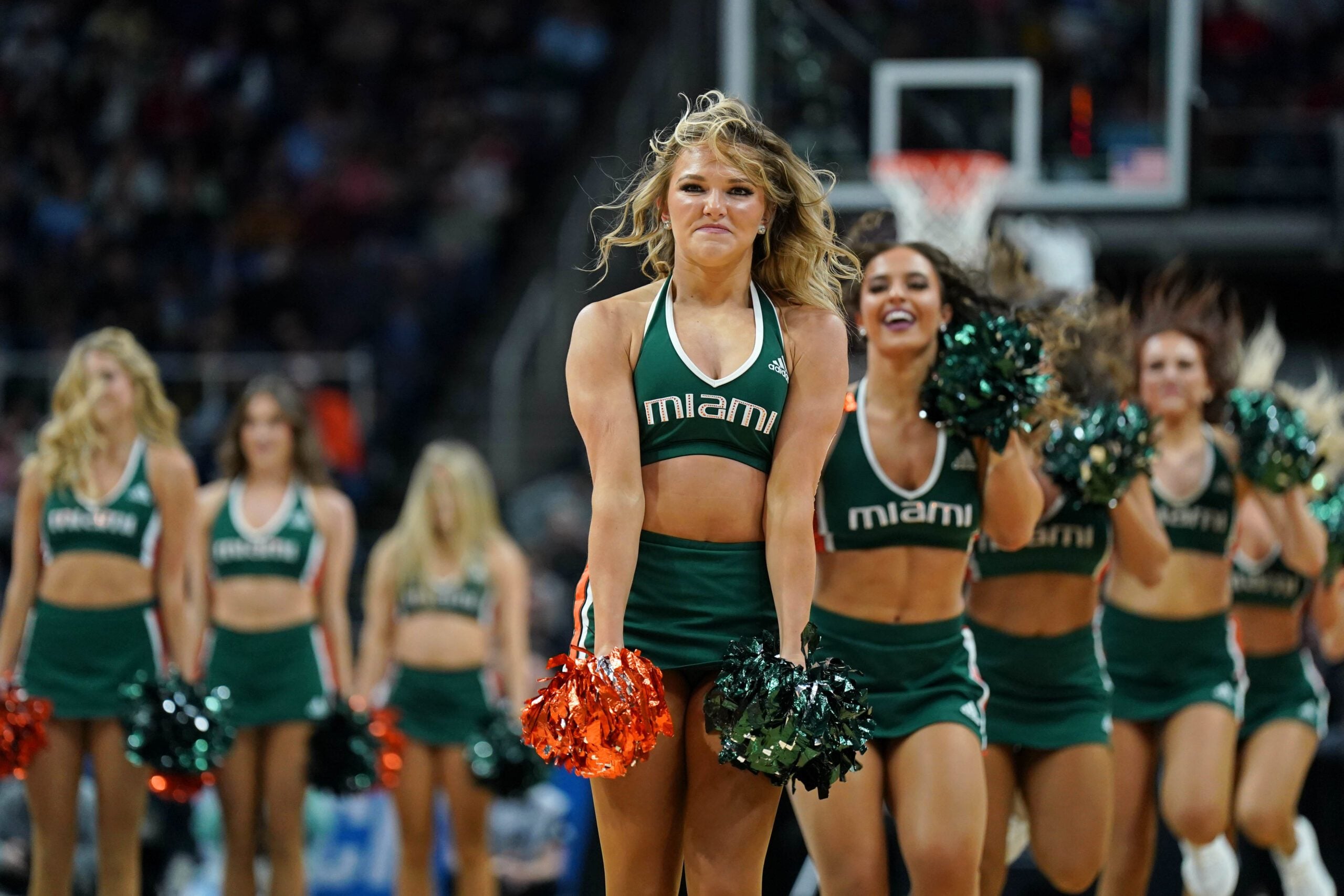 Mar 19, 2023; Albany, NY, USA; Miami (Fl) Hurricanes cheerleaders perform against the Indiana Hoosiers during the first half at MVP Arena. Mandatory Credit: Gregory Fisher-Imagn Images