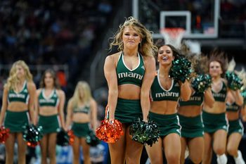 Mar 19, 2023; Albany, NY, USA; Miami (Fl) Hurricanes cheerleaders perform against the Indiana Hoosiers during the first half at MVP Arena. Mandatory Credit: Gregory Fisher-Imagn Images