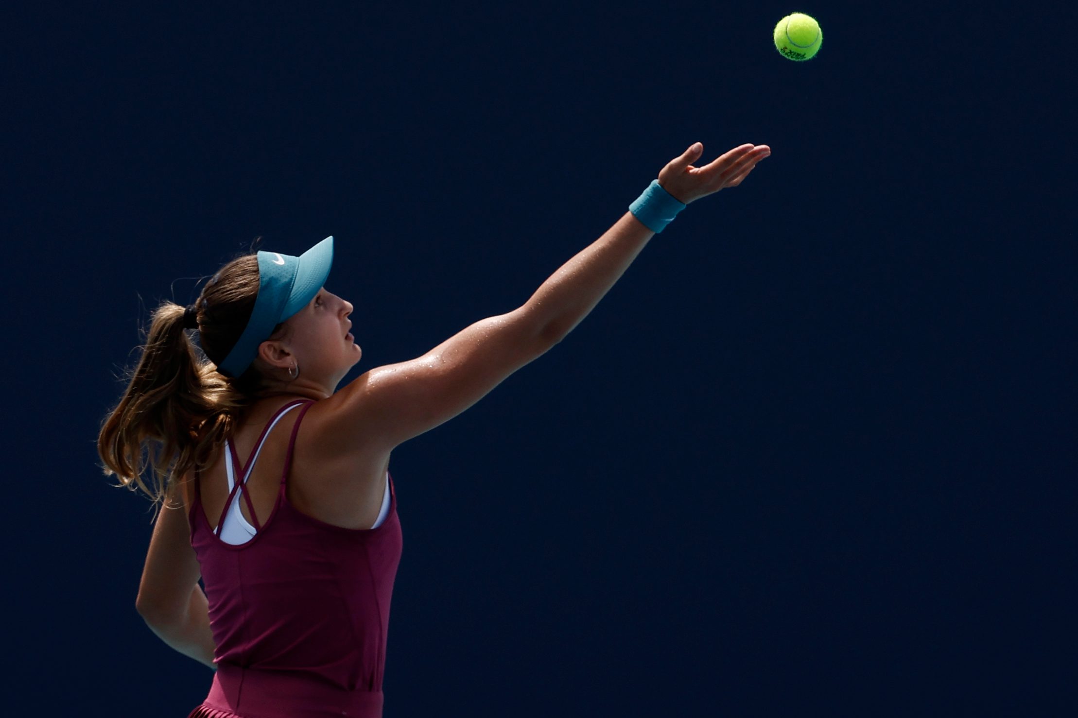 Mar 21, 2023; Miami, Florida, US; Victoria Jimenez Kasintseva (ROU) serves against Anna Kalinskaya (not pictured) on day two of the Miami Open at Hard Rock Stadium. Mandatory Credit: Geoff Burke-Imagn Images