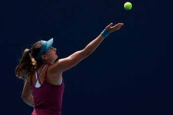 Mar 21, 2023; Miami, Florida, US; Victoria Jimenez Kasintseva (ROU) serves against Anna Kalinskaya (not pictured) on day two of the Miami Open at Hard Rock Stadium. Mandatory Credit: Geoff Burke-Imagn Images
