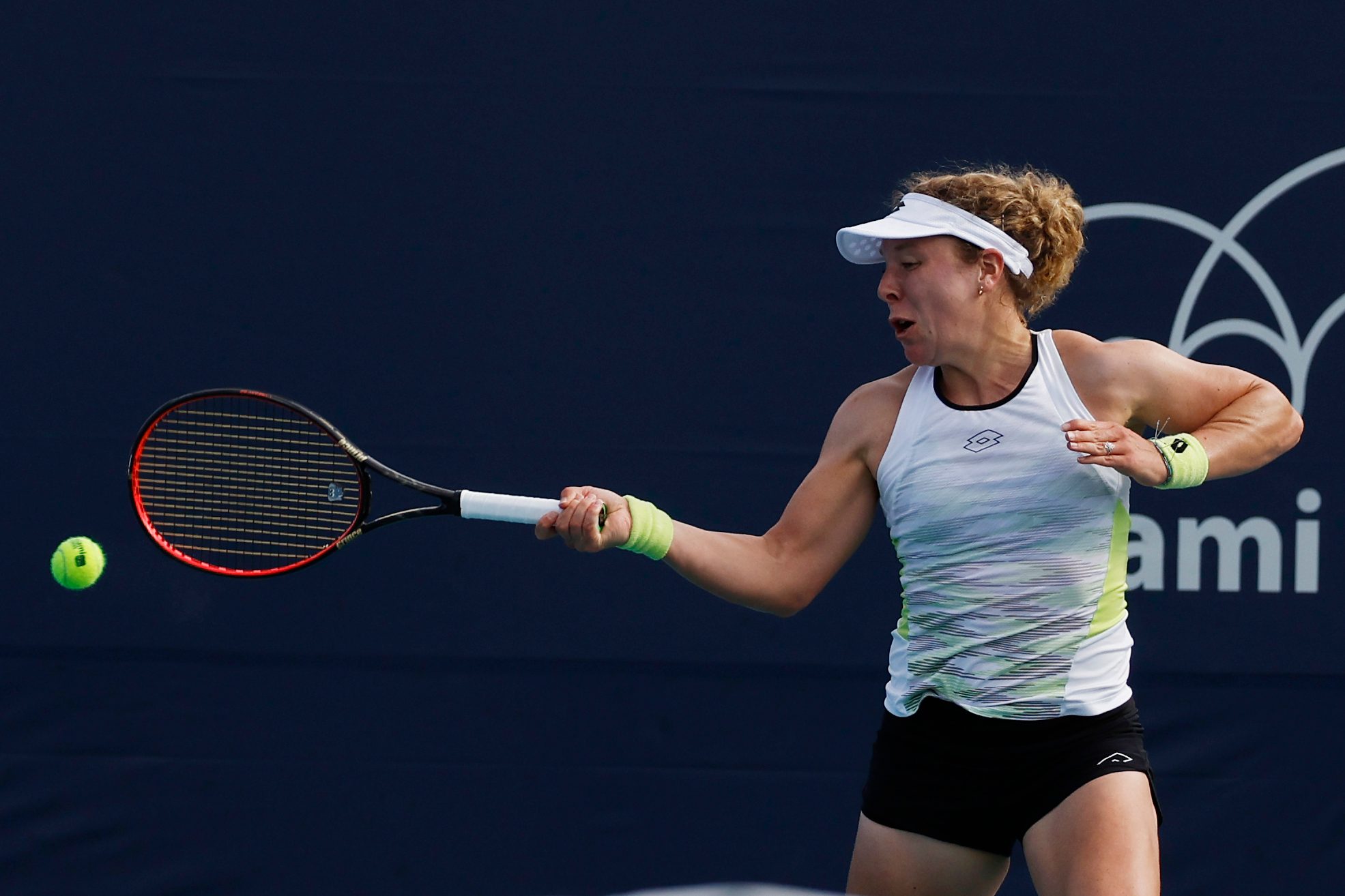 Mar 22, 2023; Miami, Florida, US; Anna-Lena Friedsam (GER) hits a forehand against Xinyu Wang (CHN) (not pictured) on day three of the Miami Open at Hard Rock Stadium. Mandatory Credit: Geoff Burke-Imagn Images