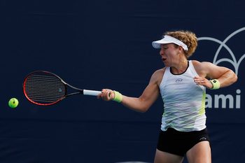 Mar 22, 2023; Miami, Florida, US; Anna-Lena Friedsam (GER) hits a forehand against Xinyu Wang (CHN) (not pictured) on day three of the Miami Open at Hard Rock Stadium. Mandatory Credit: Geoff Burke-Imagn Images
