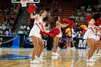 Mar 24, 2023; Greenville, SC, USA; Utah Utes cheerleaders during the first half against the LSU Lady Tigers at the NCAA Women s Tourney at Bon Secours Wellness Arena. Mandatory Credit: Jim Dedmon-Imagn Images