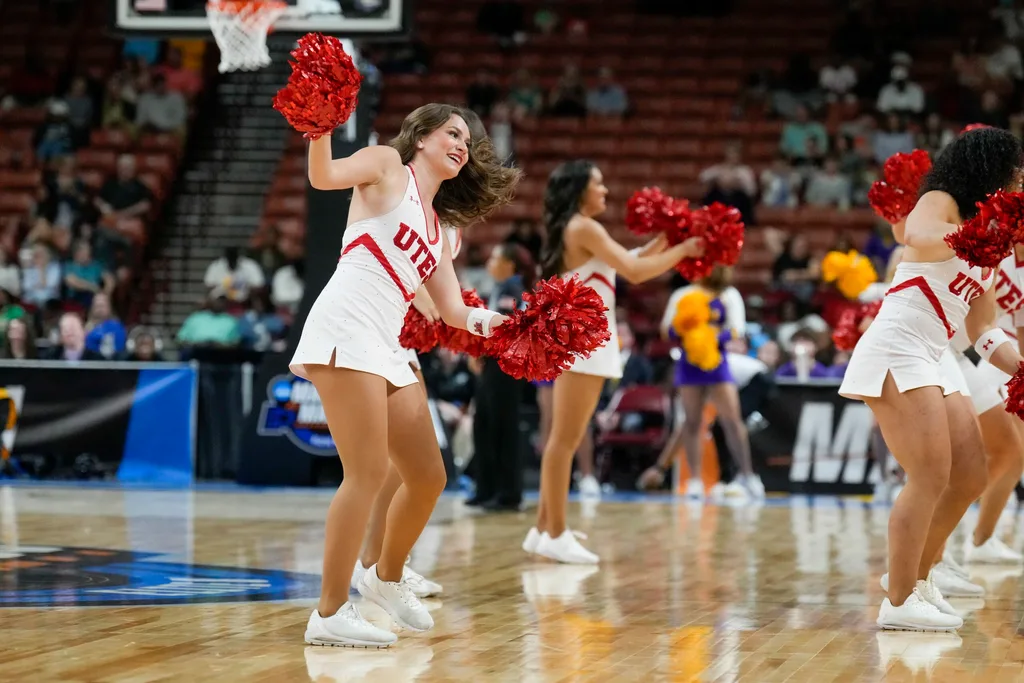 Mar 24, 2023; Greenville, SC, USA; Utah Utes cheerleaders during the first half against the LSU Lady Tigers at the NCAA Women s Tourney at Bon Secours Wellness Arena. Mandatory Credit: Jim Dedmon-Imagn Images
