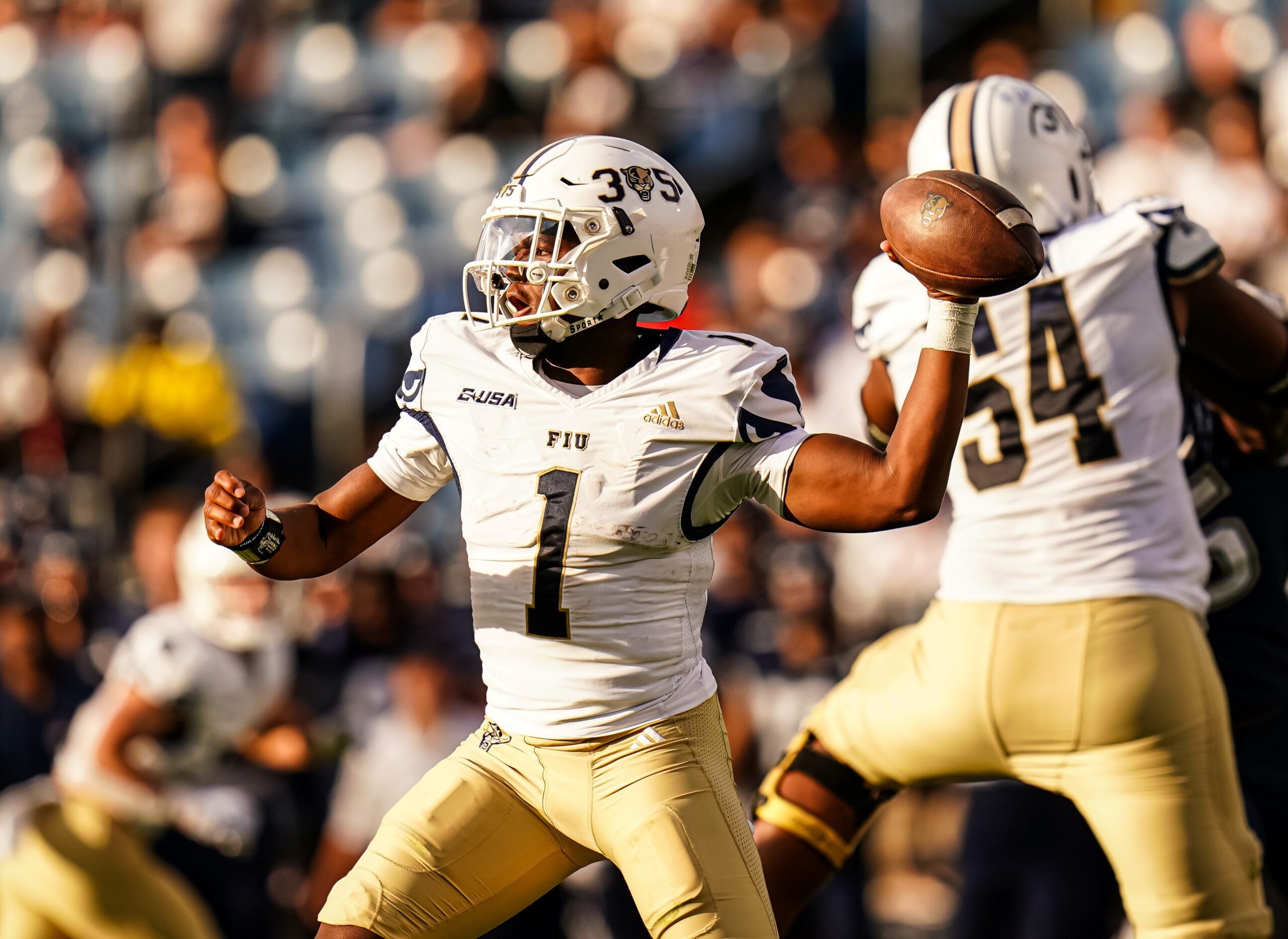 Sep 16, 2023; East Hartford, Connecticut, USA; FIU Golden Panthers quarterback Keyone Jenkins (1) throws a pass against the UConn Huskies at Rentschler Field at Pratt & Whitney Stadium. Mandatory Credit: David Butler II-Imagn Images